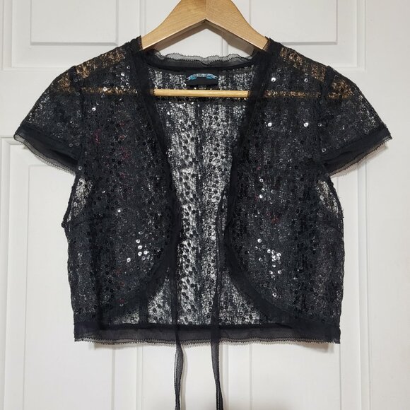Till The End Black Sheer Sequin Embellished Short Sleeve Tie Front Bolero Shrug - Picture 8 of 12